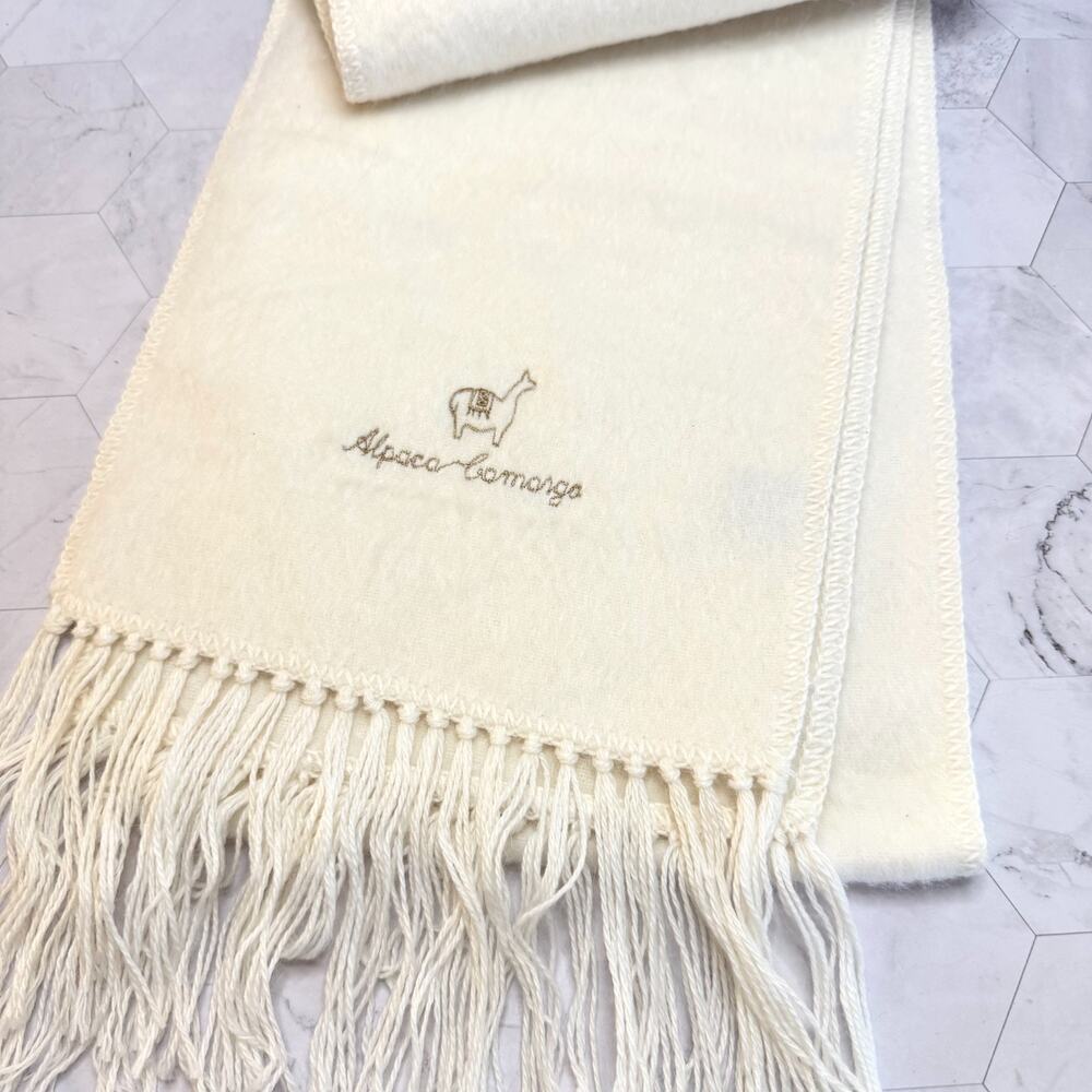Alpaca Scarf Camargo Very Soft Ivory Tassel 76x9" Wrap Cozy Peruvian Wool EUC